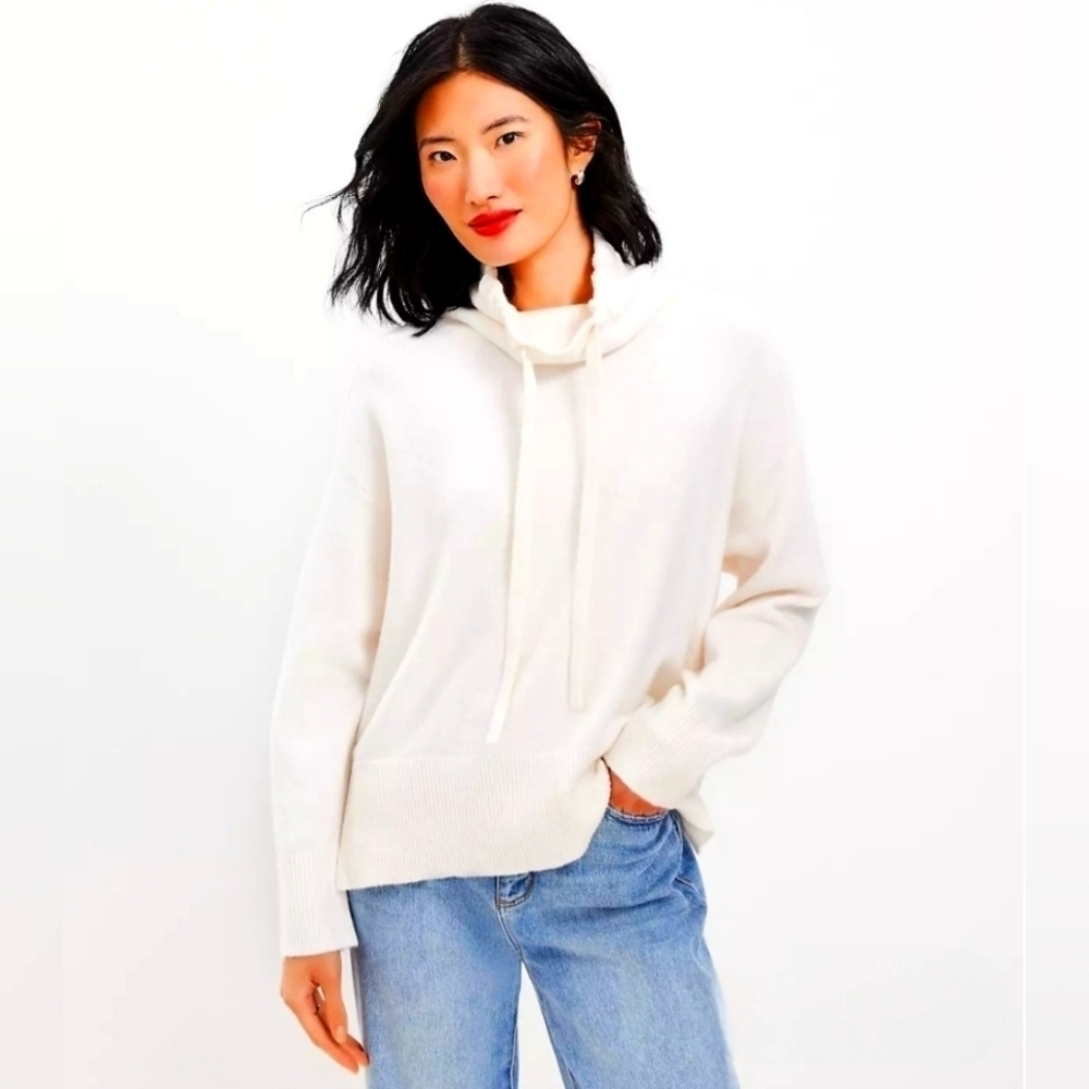 NWT | Ann Taylor LOFT | Drawstring Neck Poncho Sweater | S | Whisper White